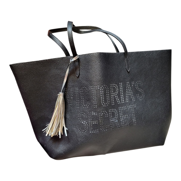 Victoria's Secret Black Faux Leather Tote with Tassel Charm - Picture 2 of 3